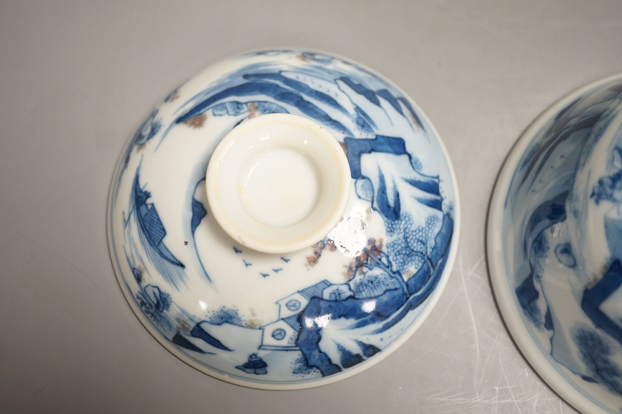 A Chinese underglaze blue and copper red bowl and cover, with hallmark, 9.5 cms high including cover.